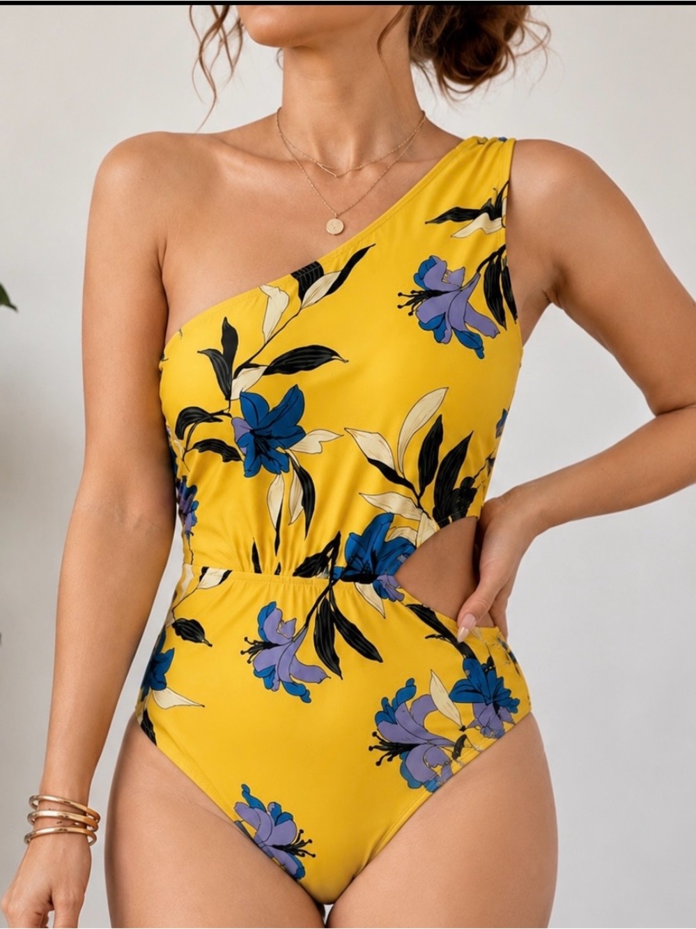 NWT Jones New York One-Shoulder Cutout Yellow Floral Swimsuit Medium